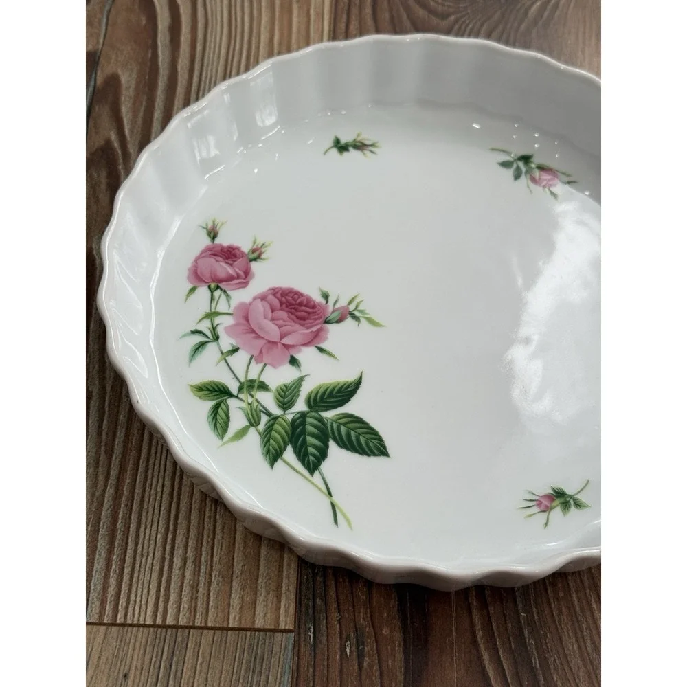 Christineholm White Ceramic Pink Rose Quiche Tart Pie Baking Dish 9.5